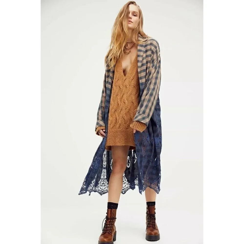 NWT FREE PEOPLE Sz S JUNE CABLE V NECK SWEATER LONGLINE SLOUCHY KNIT TUNIC